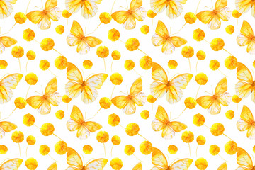 Seamless pattern with yellow butterflies and dandelions on a white background, creating a bright and cheerful design