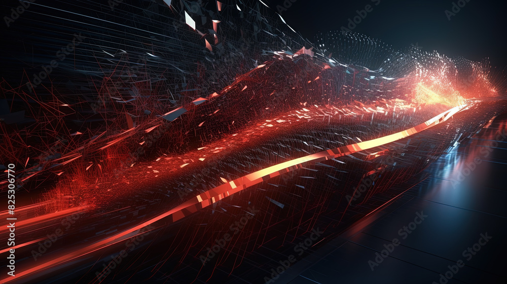 Poster Abstract technology burst with glowing wires and particles in motion. Technology and science dynamic background.