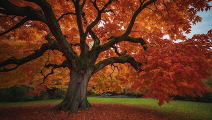 A vibrant maple tree with fiery red and orange leaves