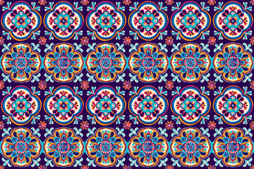 Seamless floral pattern with colorful mandalas on a dark background, creating a vibrant and intricate design