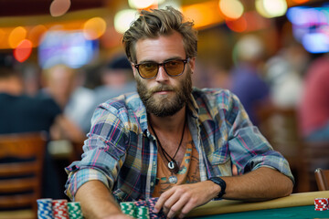 A male poker player sitting at the gambling table with poker chips in front of him