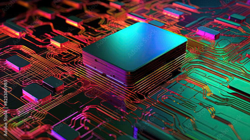 Poster Abstract motherboard structure with blocks and chips in purple and blue neon lights. Technology background with microchips on hardware circuitboard.