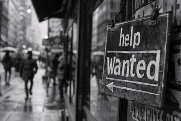 Black and white photo of a sign saying help wanted, looking for new employees