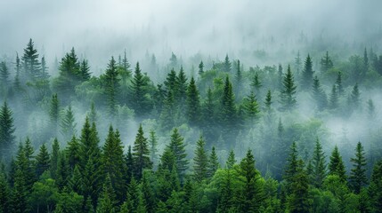 Enchanting Misty Pine Forest: Serene Landscape of Tall Trees in Foggy Ambiance