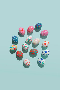 Array of Hand-Decorated Easter Eggs Casting Shadows
