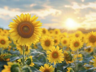 Fototapeta premium Sunflower field, vibrant yellow blooms and clear skies, cheerful and picturesque, under the bright daylight of summer.