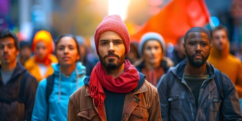 Variety of individuals marching in a demonstration on the street. Concept Demonstration, Street March, Diversity, Activism, Community,