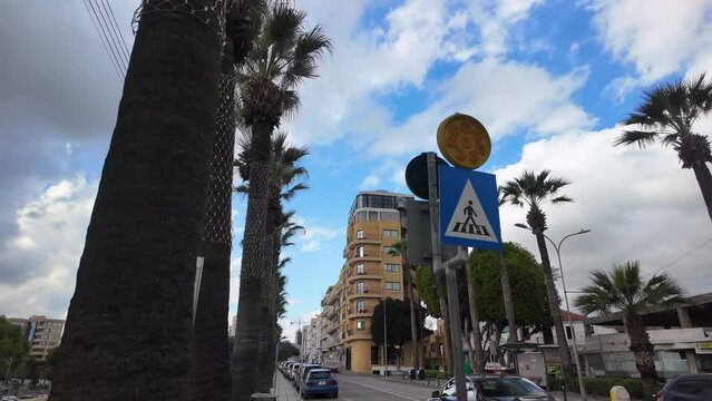 Close-up view of a pedestrian crossing sign and palm trees along a street in Nicosia, Cyprus. The modern building in the background, reflecting the city's urban lifestyle and infrastructure