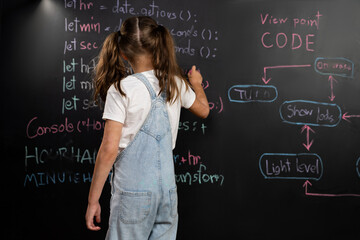 Back view of a school girl wear bib, the kid standing and writing the code about getting time on...
