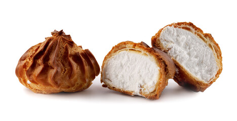 Cut in half and whole porophytole with white cream isolated on a white background. Eclair with cream.