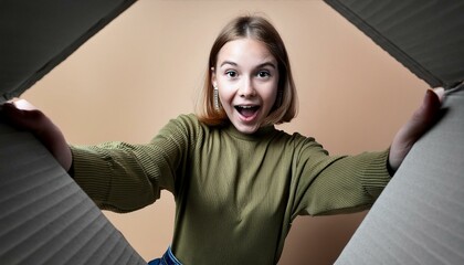Excited woman unboxing parcel looking into open cardboard on solid color background