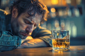 Alcoholism and alcohol addiction concept, a drunk man sitting at a bar with a glass of alcohol next to him