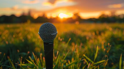 Microphone in a summer field at sunset for music or nature themed designs