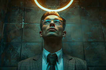 Narcissism concept, a confident young male narcissist wearing a suit with a neon halo over his head,