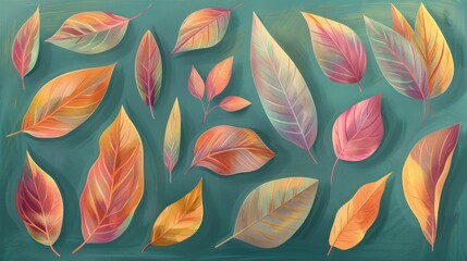 Autumn Collection: Vibrant Hand-Painted Leaves on a Textured Turquoise Background.