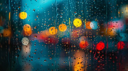 Serene Rain Drops on Window with Abstract Blurred Background