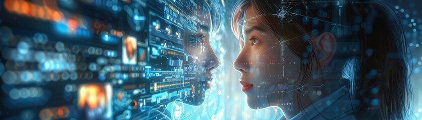 A futuristic concept showcasing a woman's profile interacting with digital data streams and holograms in a technological environment.