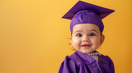 A cute baby wearing a purple graduation gown and cap against a yellow background in a studio photography setting, with a happy expression and professional studio lighting, soft shadows and clean sharp