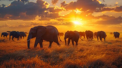 herd of elephants walking across dry grass field at sunset african wildlife landscape