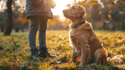 canine obedience training, a dedicated dog trainer instructing an energetic golden retriever on obedience commands in the sunny park with passion