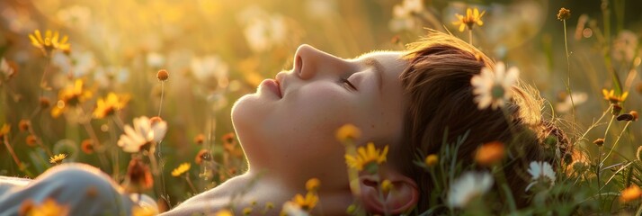 A woman with closed eyes laying in a field of wildflowers