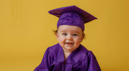 A cute baby wearing a purple graduation gown and cap against a yellow background in a studio photography setting, with a happy expression and professional studio lighting, soft shadows and clean sharp