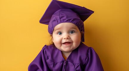 A cute baby wearing a purple graduation gown and cap against a yellow background in a studio photography setting, with a happy expression and professional studio lighting, soft shadows and clean sharp