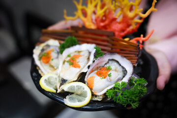 Fresh oysters are served with lemon in bowl with plenty of ice.