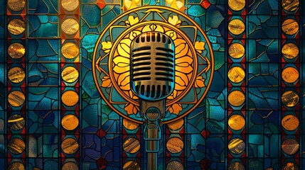 A microphone is placed in the center of a stained glass window