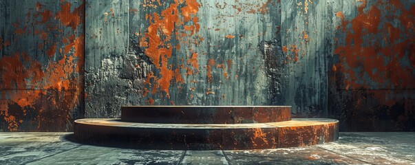 Industrial 3D podium with rust and metal textures