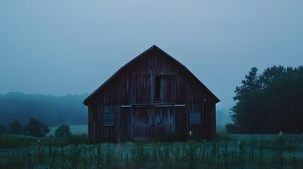 Obraz premium Rustic old barn surrounded by grassland and forest landscape.