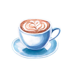 Cappuccino with foam in a ceramic mug with blues on a watercolor illustration on a white background. Hand drawn coffee illustration for coffee shop, menu, cookbooks, coffee brand logo.