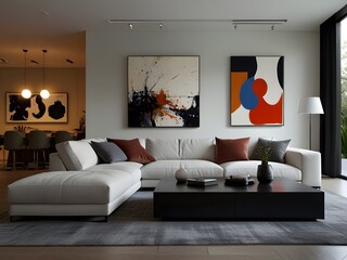 Contemporary living room with a large sectional and modern artwork, generative AI