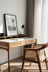 Modern minimalist style, solid wood desk with two drawers and white marble top in the center of an empty room. The desktop is filled with stationery such as pens, pencils, paper