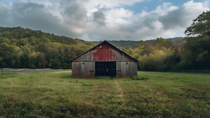 Obraz premium Rustic old barn surrounded by grassland and forest landscape.