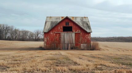 Obraz premium Rustic old barn surrounded by grassland and forest landscape.