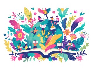 Fototapeta premium People celebrate Literacy Day by reading books on the Earth. flat vector illustration background.