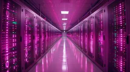 Fototapeta premium abandoned server room illuminated by blinking lights on ancient supercomputers, blending old and new technology aesthetics