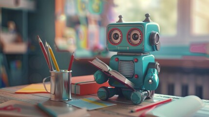 cute robot sits at a desk, does homework, cartoon style, android student, technological progress, school life and ai concept