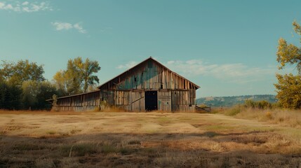 Obraz premium Rustic old barn surrounded by grassland and forest landscape.