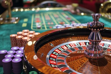 Closeup of a spinning roulette wheel with stacks of chips and a gaming table background