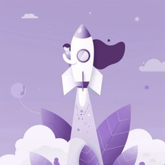 Businessman Riding Rocket, Purple Vector Illustration Design for Startup Success Concept