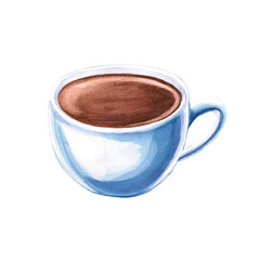 Black coffee in a ceramic mug in a watercolor illustration on a white background. Hand drawn coffee illustration for coffee shop, menu, cookbooks, coffee brand logo,