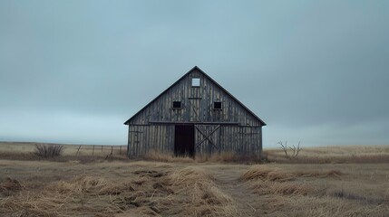 Rustic old barn surrounded by grassland and forest landscape.