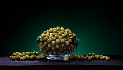 Canned green peas in a glass cup stand on a dark wooden surface. Beautifully illuminated background.