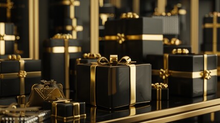 A collection of black and gold presents neatly arranged on a shelf, creating a striking visual display.