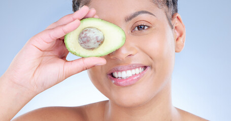 Studio, avocado and black woman with smile, portrait and fruit for moisturising, hydrate and health...