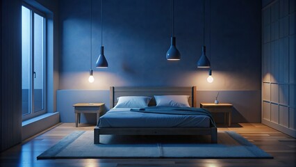 Minimalist bedroom with a bed, nightstand, and hanging pendant lights