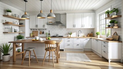 Scandinavian inspired kitchen with white cabinets and natural wood accents