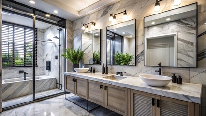Contemporary bathroom with marble countertops and black fixtures